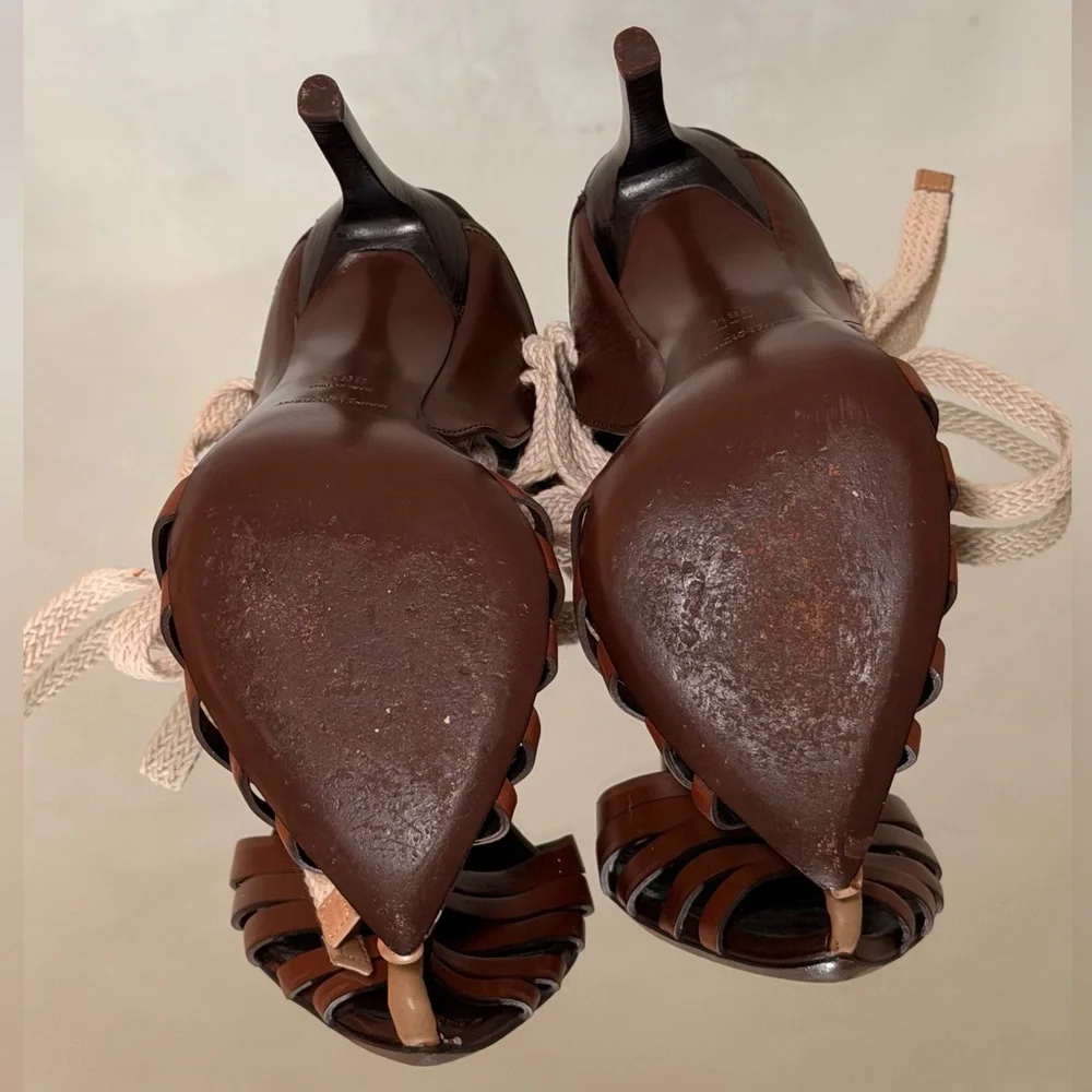 Saint Laurent Brown Leather High Heel Sandals with Cream Rope Trim - Picture 7 of 10